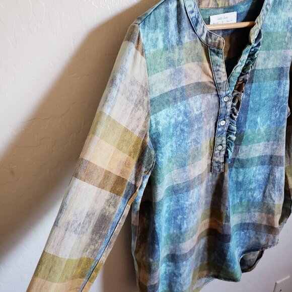 Anthropologie Isabella Sinclair Plaid Ruffle Henley Top Acid Wash Size Womens XS - Picture 5 of 11